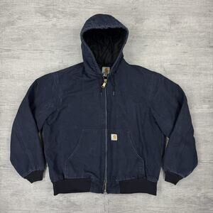 Carhartt Quilt-Lined Hooded Active Jacket Navy Blue J140 DNY Men L Work Coat USA